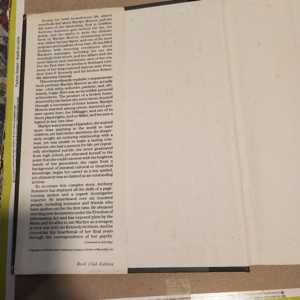 Goddess Secret Lives of Marilyn Monroe Anthony Summers 1985 Book Club Edition - Picture 3 of 3